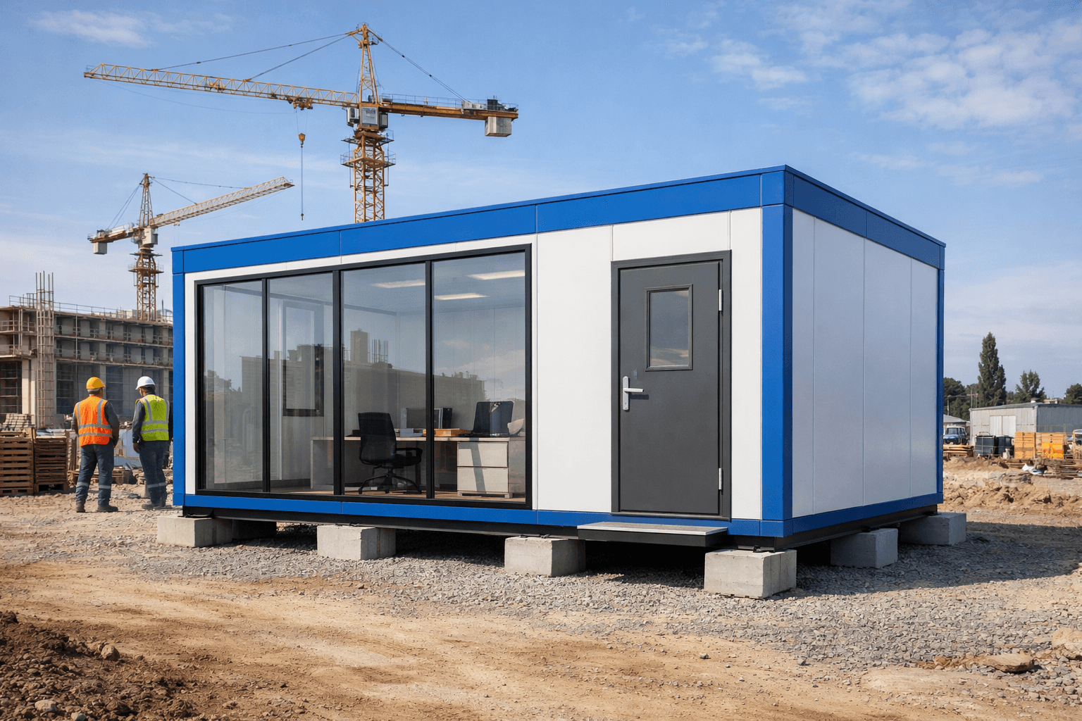 construction site with porta cabin and cranes